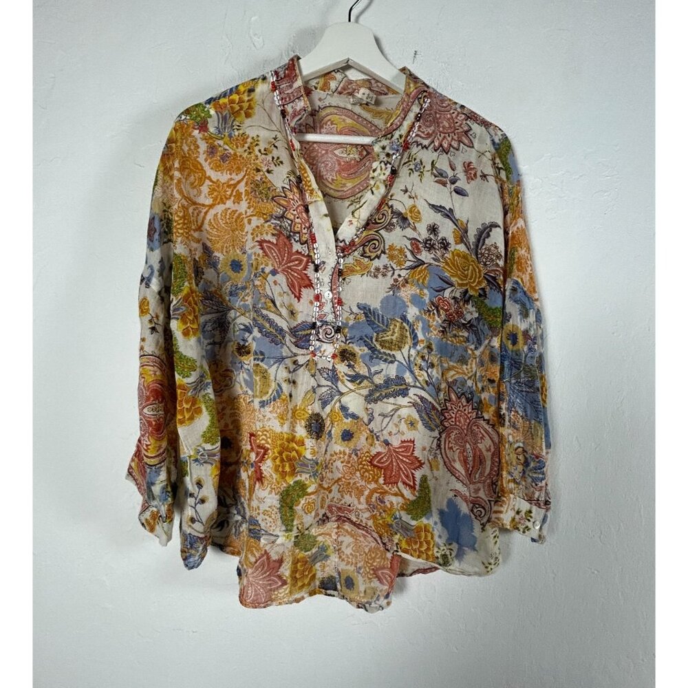 Raga Womens Floral Sequin Detail Henley Blouse Top Small Long Sleeve Multicolor
